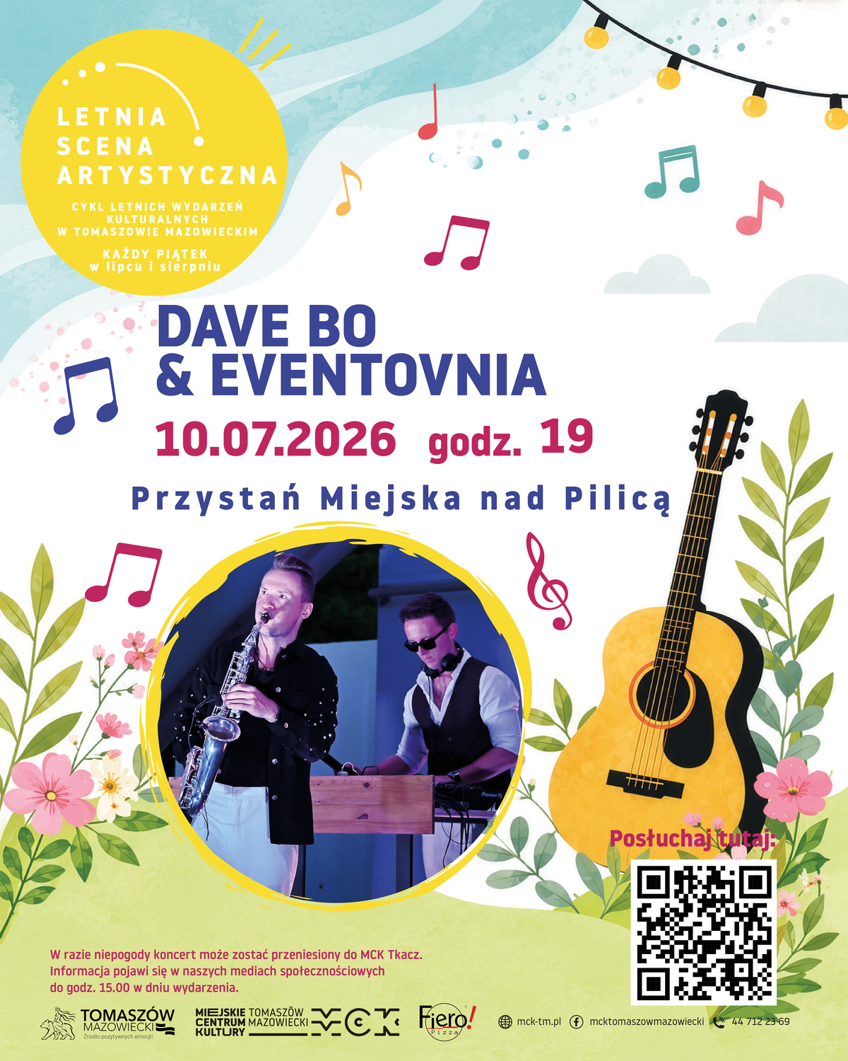 Na zdjęciu plakat zapowiadający koncert Dave Bo i Eventovni. Na plakacie grafika przedstawiająca gitarę klasyczną, nuty  oraz fotosy artystów