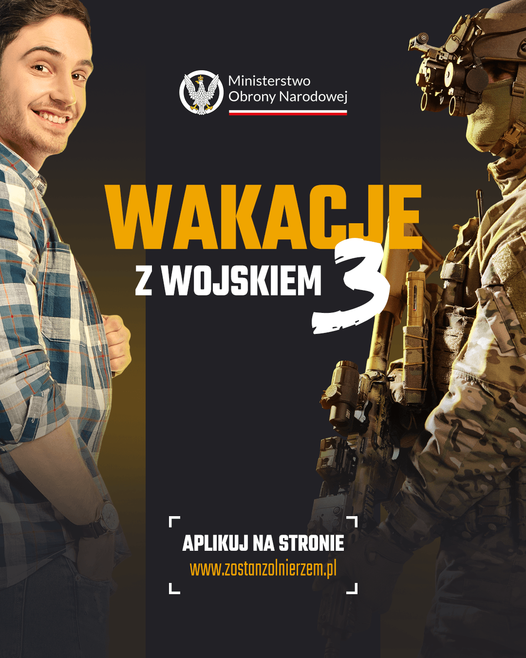 Na plakacie mężczyzna w cywilnym ubraniu, na przeciwko niego żołnierz WP w pełnym umundurowaniu i uzbrojeniu bojowym