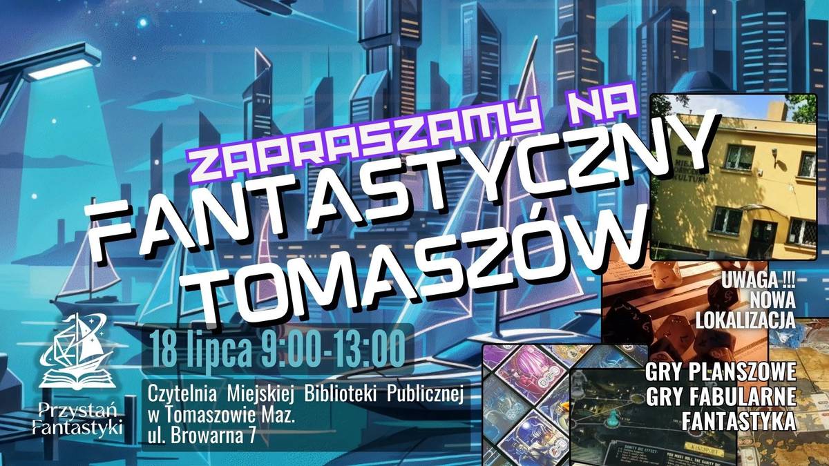 Na zdjęciu baner spotkania dla miłośników gier w MBP. Na banerze futurystyczne miasto i foto siedzimy Miejskiej Biblioteki Publicznej przy ul. Browarnej
