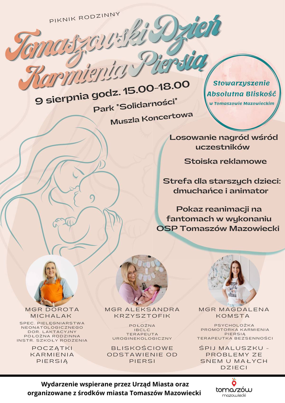 Plakat Pikniku pt. Tomaszowski Dzień Karmienia Piersią. Na plakacie grafika matki karmiącej piersią i fotografie wykładowczyń, które będą prowadziły wykłady dla młodych matek