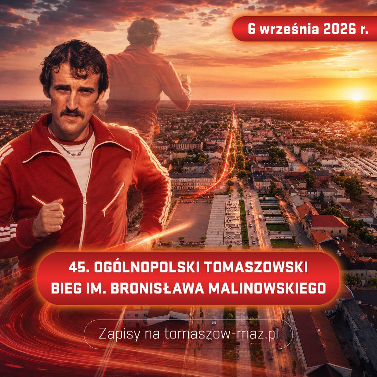Na zdjęciu grafika przedstawiającego Bronisława Malinowskiego w dresie reprezentacyjnym. W tle centrum Tomaszowa Mazowieckiego widziane z lotu ptaka