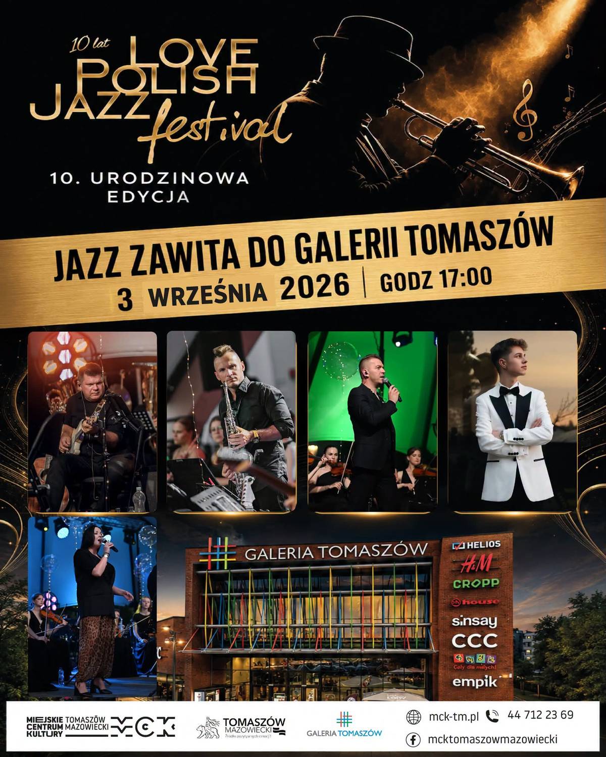Ciemny plakat ze złotą sylwetką grającą na trąbce. Hasło: Jazz zawita do Galerii Tomaszów, 3 września, godz. 17.00. Niżej zdjęcia artystów biorących udział w wydarzeniu oraz centrum handlowego, w którym odbędzie się koncert. Niżej logotypy organizatorów.