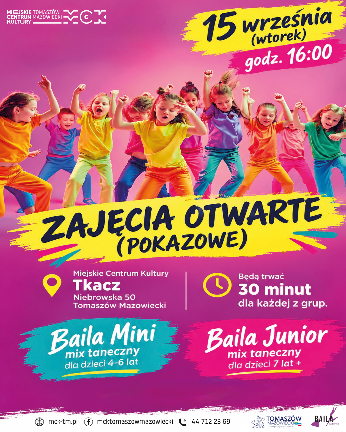 Plakat różowy z informacjami, na nim grupa tańczących dzieci