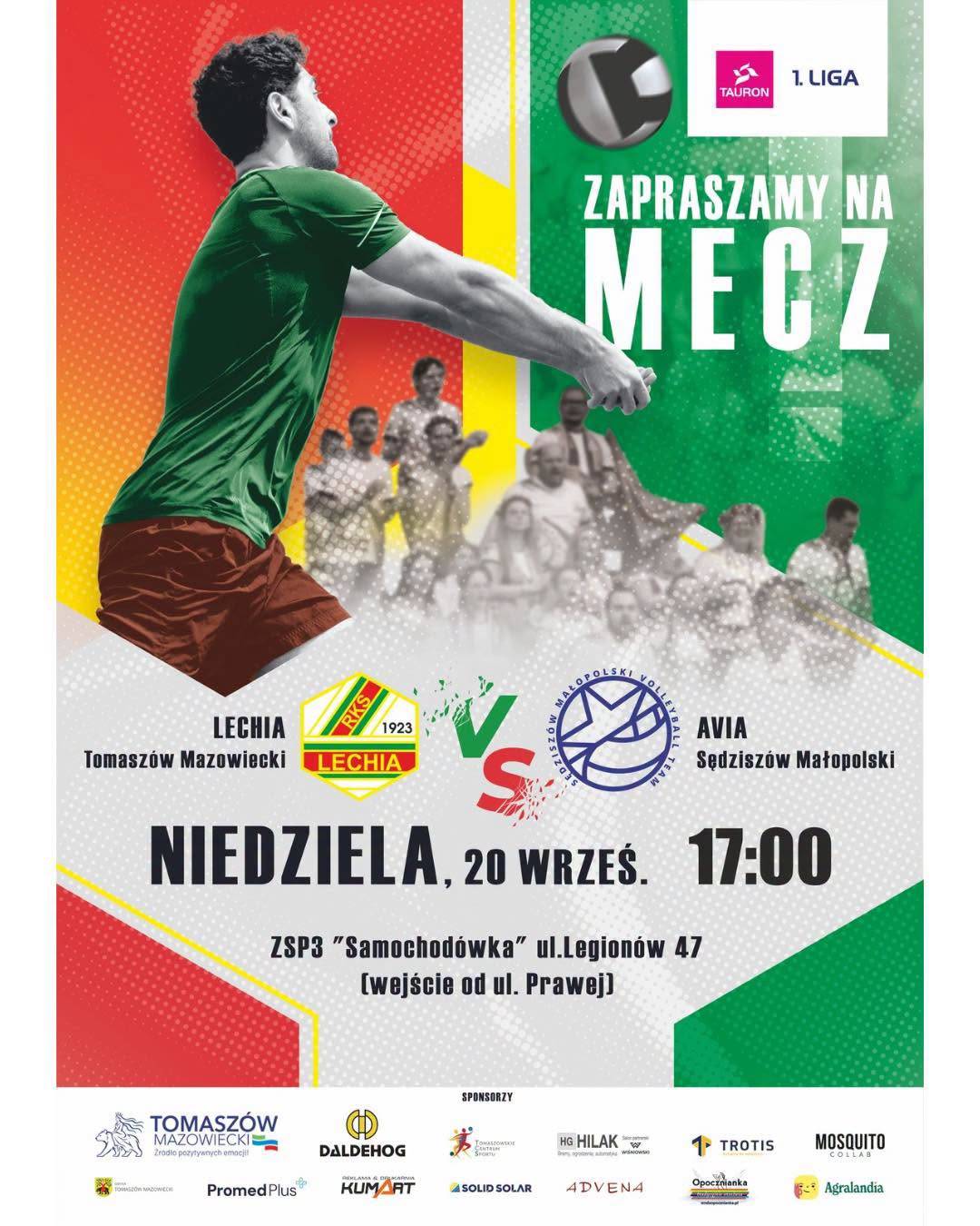 Plakat meczowy: siatkarz w zielonej koszulce odbija piłkę w tle informacje: TAURON I Ligi, Lechia Tomaszów Maz. z Avią Sędziszów Małopolski, niedziela 20 września, 17:00 w ZSP3 „Samochodówka”, ul. Legionów 47. Niżej logotypy partnerów wydarzenia.