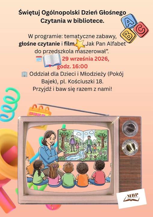 Na zdjęciu plakat Głośnego czytania i bajania w Bibliotece. Na plakacie grafika przedstawiająca dzieci słuchające pani bibliotekarki opowiadającej bajkę, a wszystko to widoczne na ekranie starego odbiornika telewizyjnego.