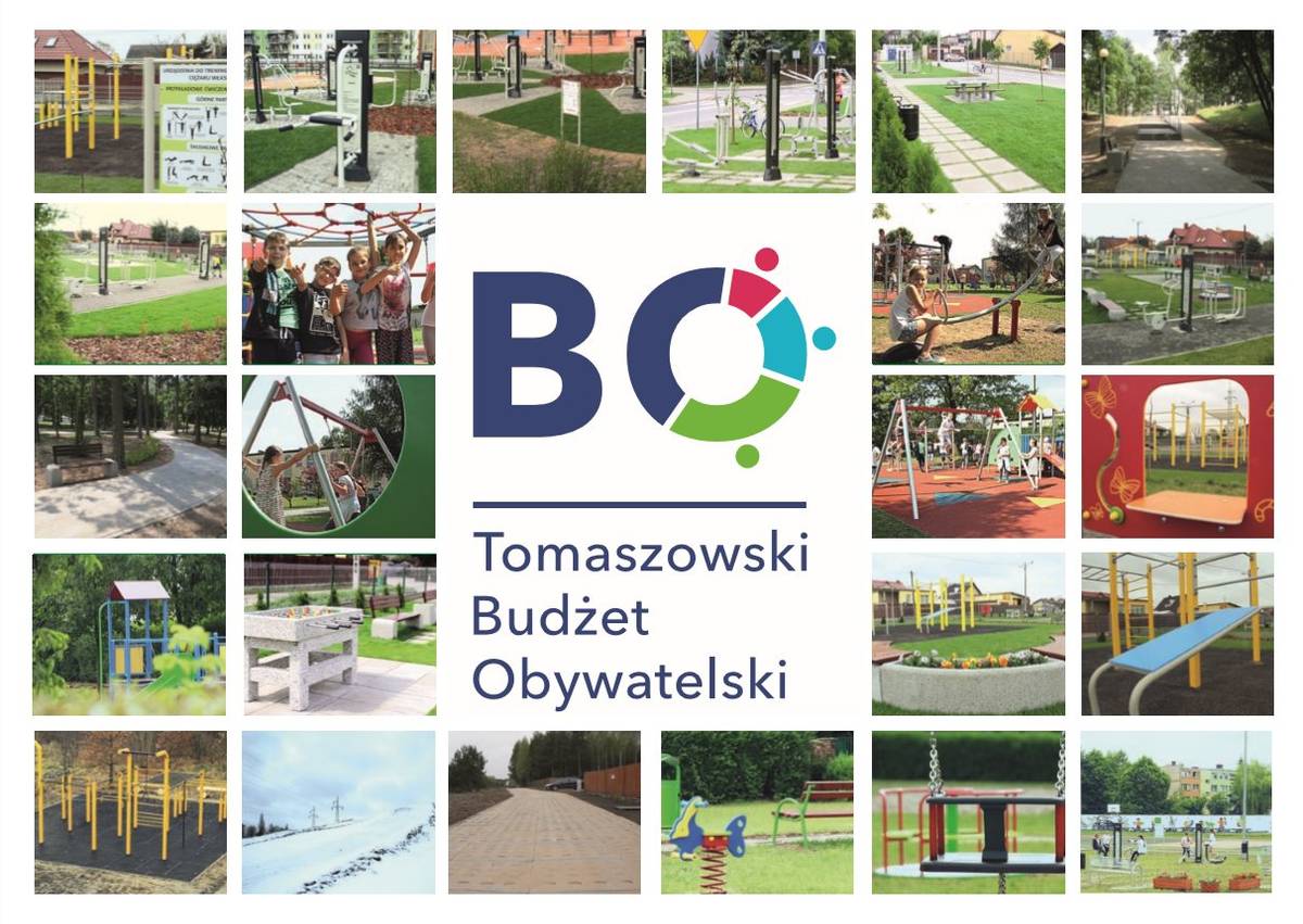 Na zdjęciu baner Tomaszowskiego Budżetu Obywatelskiego, na banerze fotografie inwestycji i przedsięwzięć zrealizowanych z tego budżetu oraz logo TBO