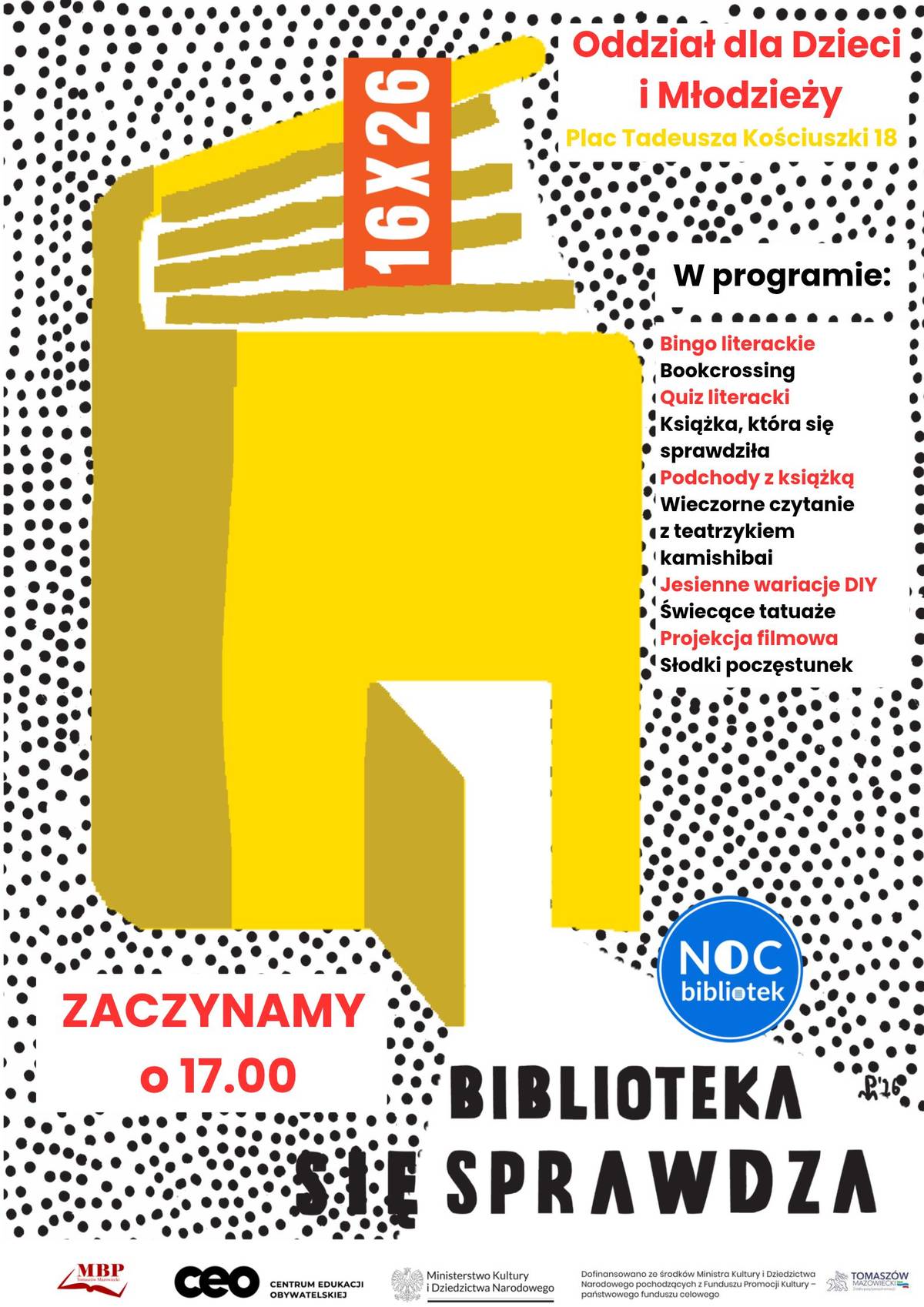 Na zdjęciu plakat Nocy Bibliotek w dziecięcej książnicy. Na zdjęciu żółta książka, w której znajdują się otwarte drzwi.