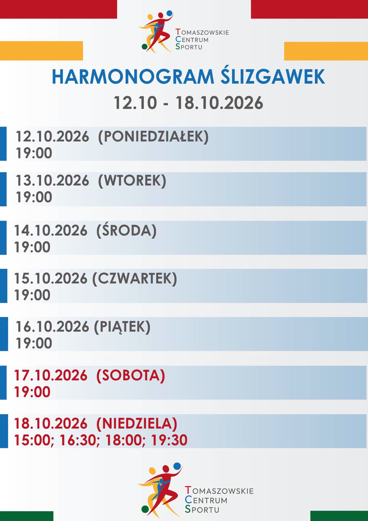 aktualność: Nowy tydzień – nowy harmonogram ślizgawek