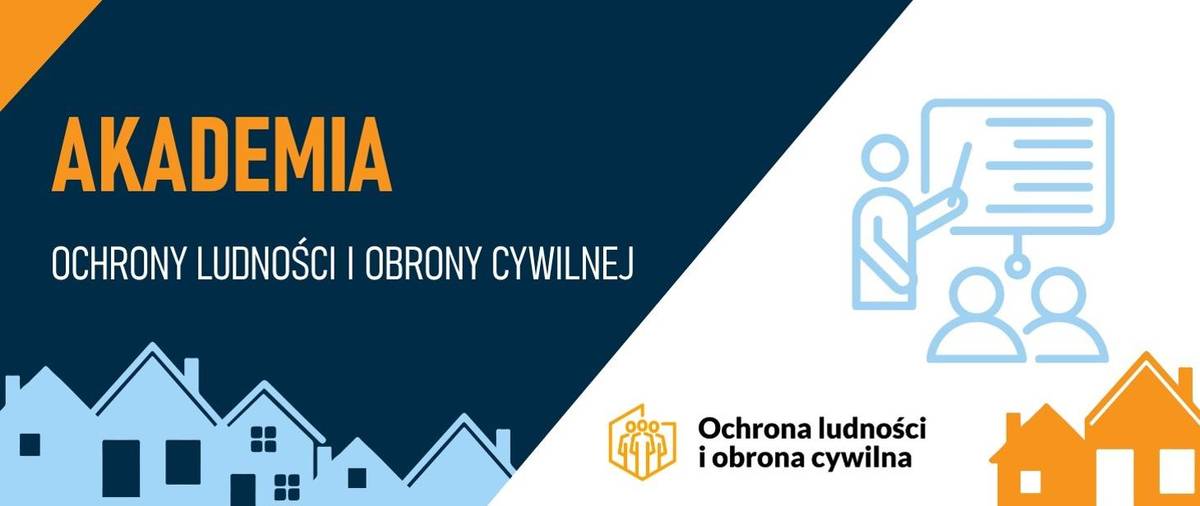 Na zdjęciu baner Akademii Obrony Ludności Cywilnej. Na banerze grafika domów w zabudowie szeregowej oraz sylwetek ludzi, jeden przy tablicy informacyjnej, dwójka słuchaczy