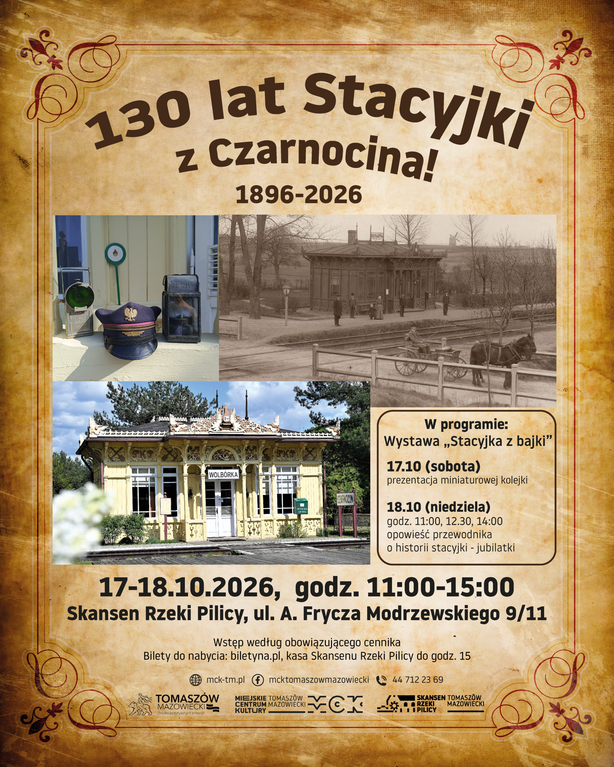 Na zdjęciu stacyjka z Czarnocina współcześnie i archiwalnie oraz foto akcesoriów kolejarskich, czapki konduktora i lampy kolejowe