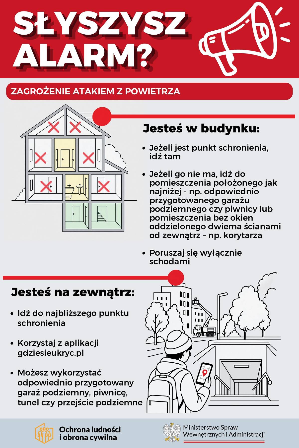 Na zdjęciu graficzno-słowna instrukcja zachowania się po ogłoszeniu alarmu o zagrożeniu atakiem z powietrza