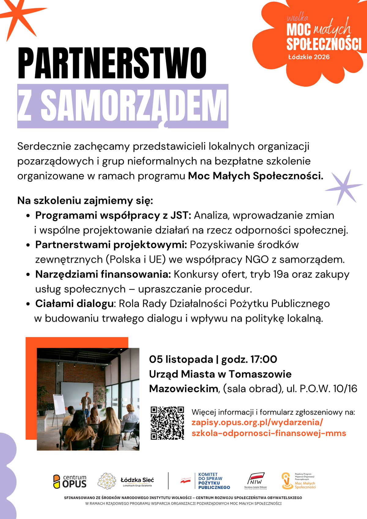 Zaproszenie na bezpłatne szkolenie. Na plakacie informacja tekstowa, foto sali, w której prowadzone jest szkolenie oraz loga organizacji