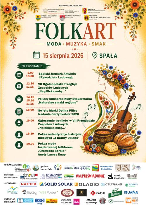 Na zdjęciu plakat FolkArtu- wydarzenia związanego z promocją folkloru lokalnego. Na plakacie harmonogram wydarzeń oraz grafika produktów lokalnych